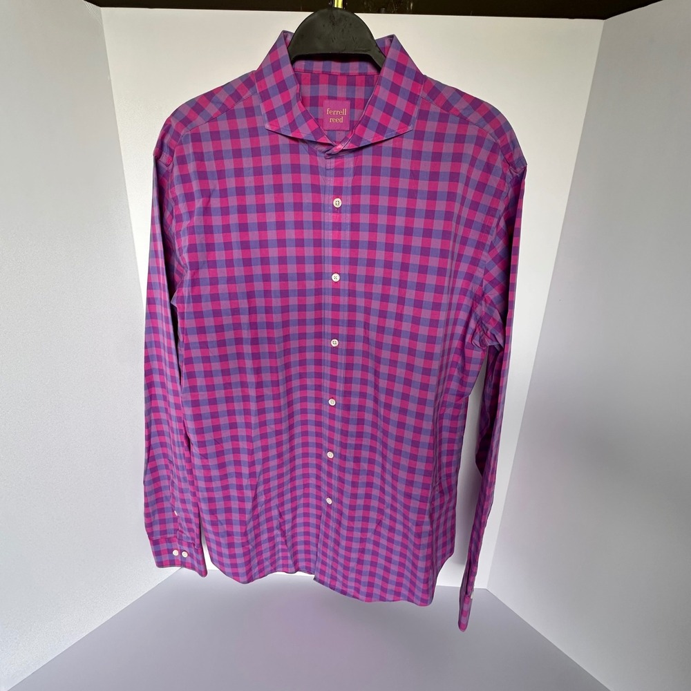 Ferrell Reed Mens 16.5 Checkered Dress Shirt Purple Pink Long‎ Sleeve
